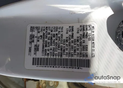 2004 Nissan Pathfinder Le Platinum from USA, damaged, VIN JN8DR09Y54W908211